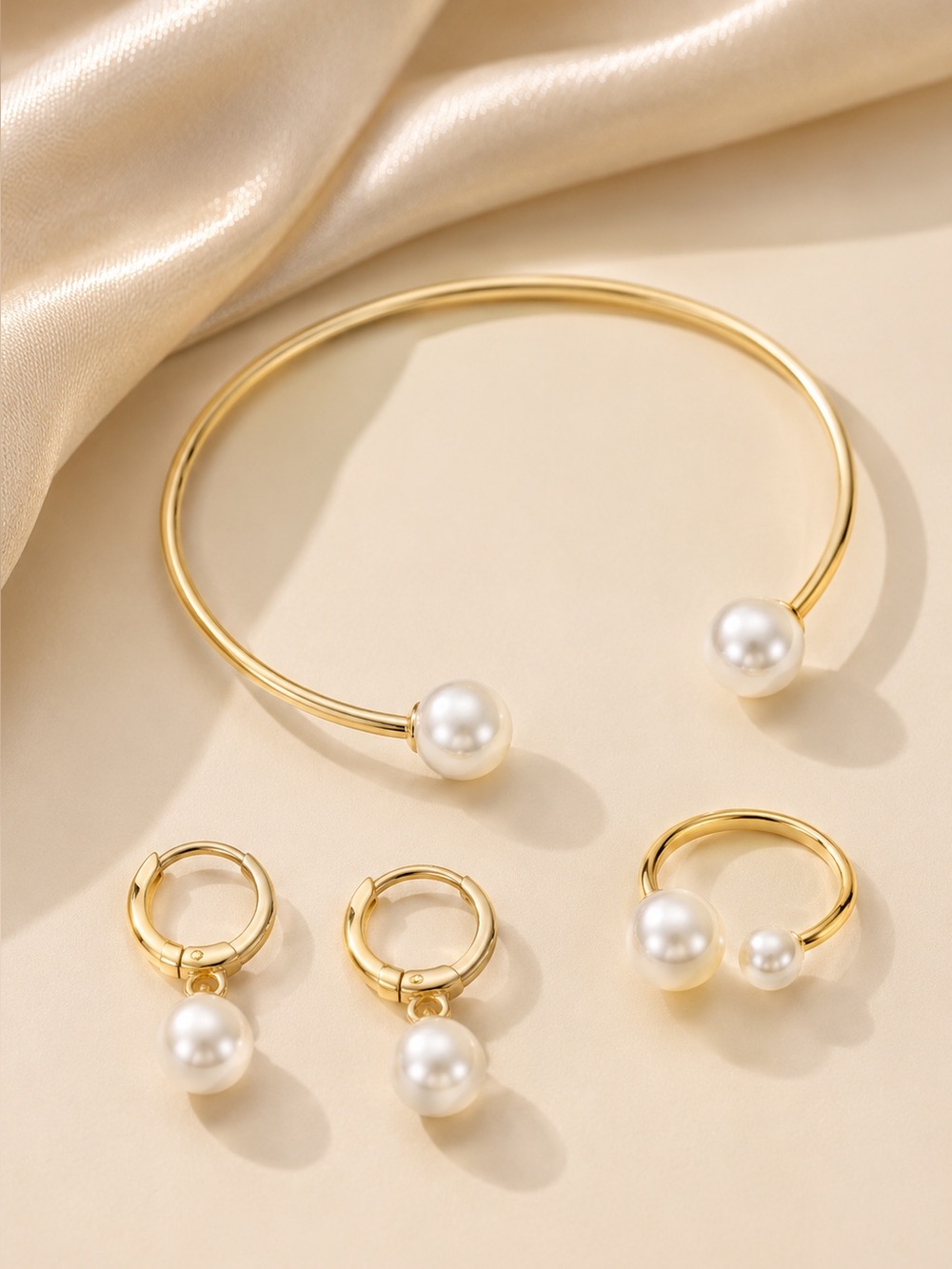 Gold Pearl Open Cuff Bracelet and Ring Set - Women Jewelry